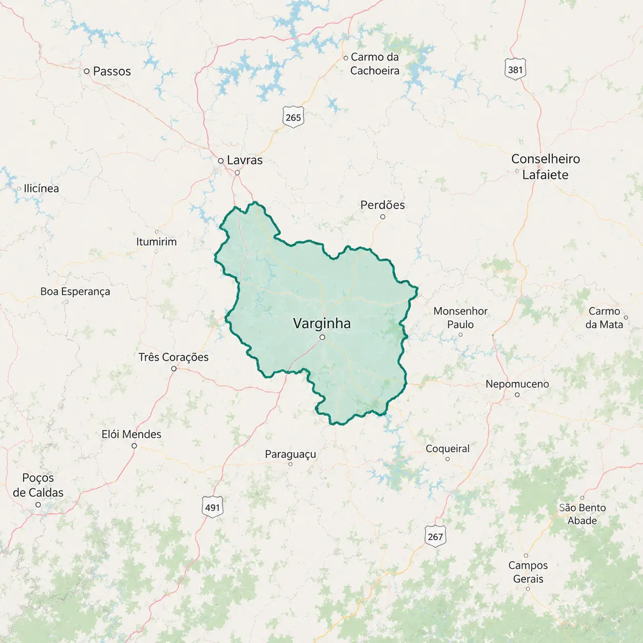 Mapa de Varginha, MG delimitando a área de cobertura